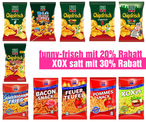 Funny-frisch Chips mit 20% XOX Snacks mit 30 % Rabatt