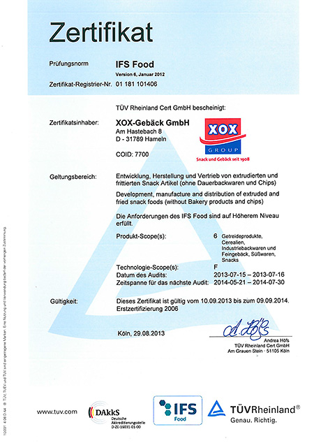 XOX Zertifikat IFS Food