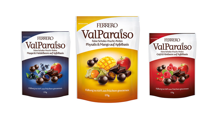 Neu: ValParaiso von Ferrero. Feine Schoko-Frucht-Perlen auf Apfelbasis.